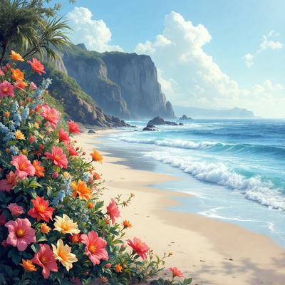 Primary subject: A beautiful beach scene with a flower garden, a rocky cliff, and a body of water.

Setting/background: The beach is located near a rocky cliff, and the water is a large body of water, possibly an ocean.

Visual style: The image is a digital art or illustration, showcasing a vibrant and colorful scene.

Colors and mood: The colors in the image are predominantly blue, green, and orange, creating a serene